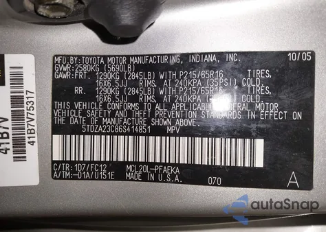 2006 Toyota Sienna Ce/Le из США, поврежденный, VIN 5TDZA23C86S414851